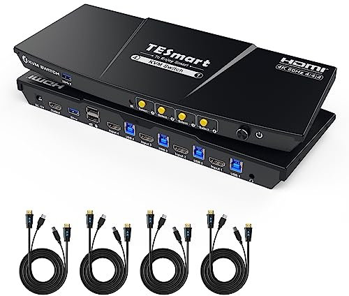 TESmart USB 3.0 HDMI KVM Switch 1 Monitor 4 Computers 4K@60Hz, KVM Switch 4 Port Headset, Audio&Microphone, EDID Emulators, L/R Audio, Hotkey Switch, Button Switch, Remote, All Input Cables