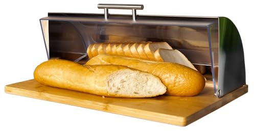 Avilia Portapane da Cucina Moderno con Coperchio Trasparente, Contenitore per il Pane in Acciaio e Bambù 39x14.5x28.5cm - Elegante e Durevole, Ideale per Conservare il Pane Fresco
