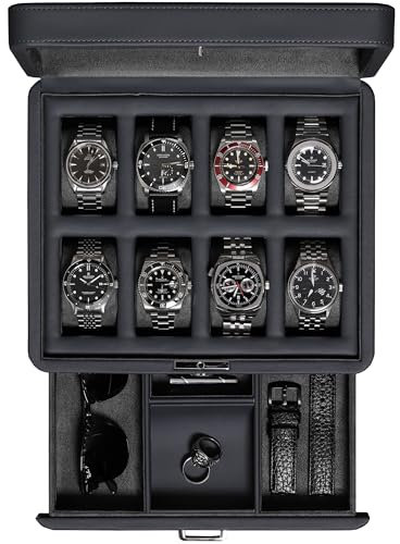 ROTHWELL Luxus Uhrenschatulle für 8 Uhren - Uhrenschatulle aus Kunstleder mit Echtglasdeckel - Zubehörschublade mit mehreren Fächern (Carbon)