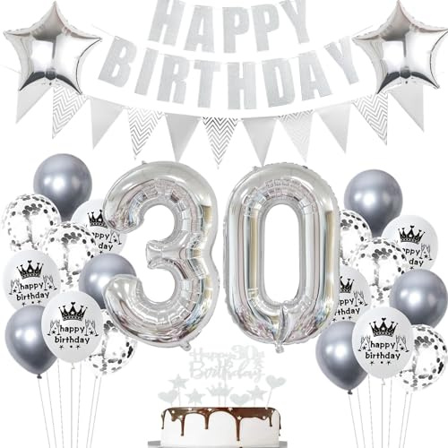 Geburtstagsdeko 30 Jahr Silber,Luftballon 30. Geburtstag Silber,Ballon 30. Geburtstag Silber,30 Party Mädchen Jungen,30 Luftballons Silber, 30 Jahr Ballon 30 Tortendeko