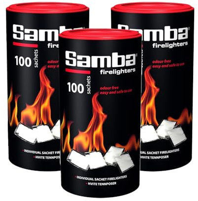 300 Samba Firestarters Firelighters Sachets - Odourless Burning & Easy to Light - For BBQs Barbecues Wood Burner Wood-Fired Ovens Stoves Fireplaces & Campfires - 3 Tubes