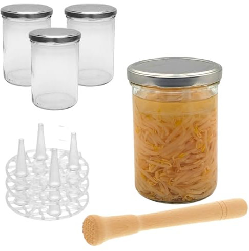 mikken Fermentieren Starter Set 4x Fermentierglas 435 ml mit Deckel PVC frei, Fermentiergitter, Holzstampfer und Etiketten
