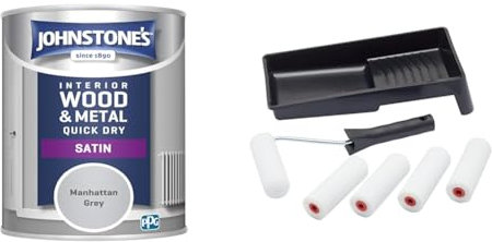 Johnstone's Quick Dry Satin, Manhattan Grey, 750ml & Fit For The Job 7 pc Foam Mini Paint Roller Set for Painting with Gloss & Satin
