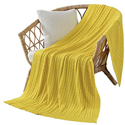 Strickdecke aus 100 % Baumwolle, für Bett, Couch, Büro, weich, gemütlich, leicht, maschinenwaschbar, Gelb, 95 x 150 cm