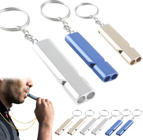SULIUDAJI 9 Pcs Sifflet De Survie Sifflet Arbitre Sifflet De Secours Double Tubes Métal Haute Décibel Porte Clés Sifflet Pour Camping Sauveteur Randonnée Bleu Argent Or