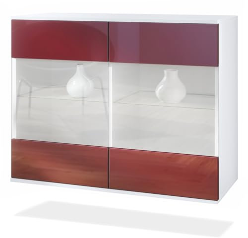 Vladon Kommode Bari V3, Moderner Küchenschrank mit 2 großen Glastüren inkl. RGB Beleuchtung Weiß matt/Bordeaux Hochglanz (92,5 x 73.5 x 35)