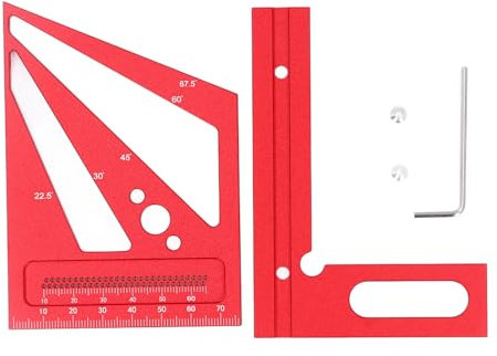 3D Multi Angle Measuring Ruler Woodworking Layout Square Tool 22.5‑90 Degree Protractor Aluminum Alloy (Red)