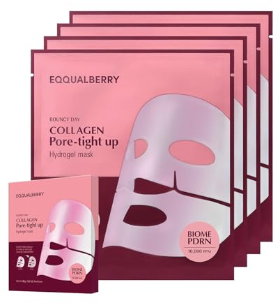 EQQUALBERRY Collagen pore-Tight Up Mask - PDRN och lågt molekylärt kollagen för porminimering och fastning | Korean Collagen Face Mask for Glass Skin | Glow House Used, 4 ark, 30 g