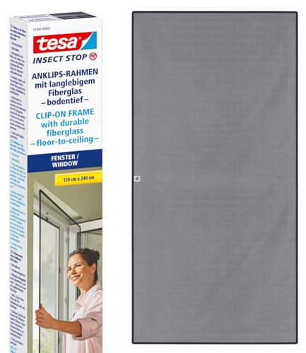 tesa Insect Stop Clip On - Fliegengitter zum Einklicken in bodentiefe PVC-Fenster - zuschneidbarer Rahmen, Netz aus langlebigem Fiberglas, Selbstklebende Halte-Klips - 1,2 x 2,4 m - Anthrazit