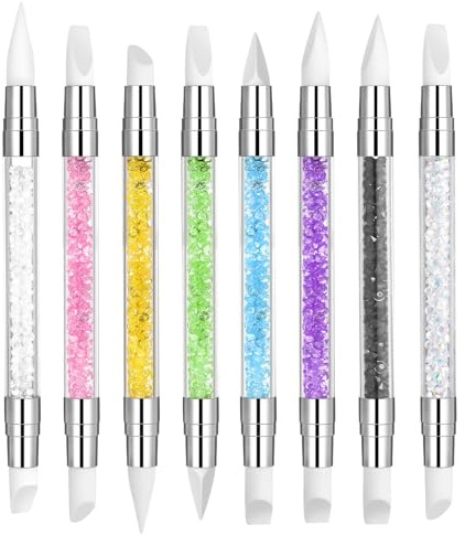 Oruola 8pcs Silicone Nail Rubber Tool,Silicone Chrome Applicator for Nails,Dual Tipped Nail Art Tool s with Colored Diamond Handle,Silicones Nails Brush for Design Foil Carving Drawing Effect Shaping