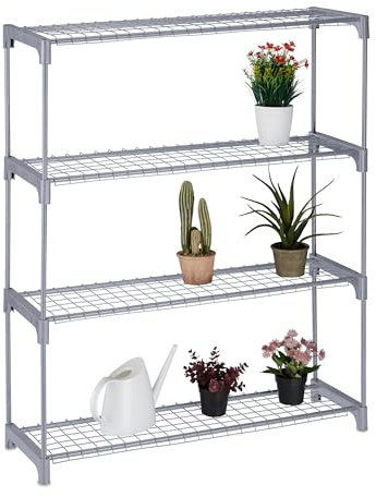 Relaxdays Scaffale Porta Piante a 4 Ripiani, Portapiante in Vaso, Fiori e Erbe, Mobile in Acciaio, 106x91x28 cm, Grigio, Plastica