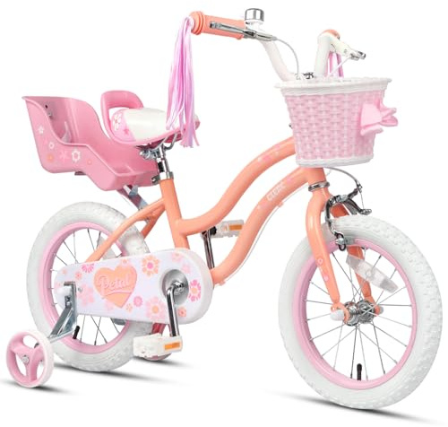 Glerc 14 tums barncykel för 3-4 5 år gamla flickor, prinsesstil med styrtofsar och korg och stödhjul, persika