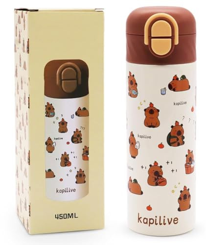 FCXVXCL Capybara Gourde Isotherme, Paille Reutilisable Anti-Fuite, Double Paroi Isolante, Sans BPA, Facile à Nettoyer, Bouteille d'Eau pour École, Bureau, Outdoor