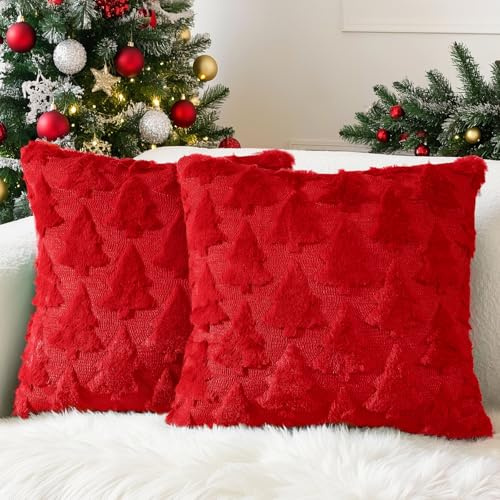 Lonya 2 Stück Kissenbezug Weihnachten 45 x 45 cm Super Weich Plüsch Flauschig Samt Weihnachtsdeko Kissen Cozy Deko Wohnzimmer Couch mit Unsichtbaren Reißverschluss Weihnachtsbaum-Rot-C