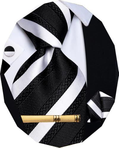 YourTies Seidenkrawatten für Herren, kariert, Paisleymuster, Blumenmuster, Einstecktuch, Manschettenknöpfe, Krawattenklammer, Set, Hochzeit, Party, Business, formell, Schwarz weiß gestreift