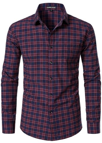 PARKLEES Men's Lightweight Plaid Shirt Casual Slim Fit Checked Long Sleeve Button Down Shirts with Pocket Burgundy Navy Large