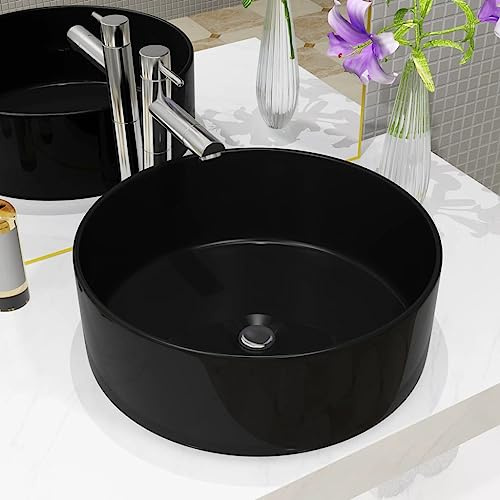 Lavabo da Appoggio Tondo, Nero in Ceramica Smaltata, Design Moderno per Bagno o Toilette, Diametro 40 cm, Altezza 15 cm
