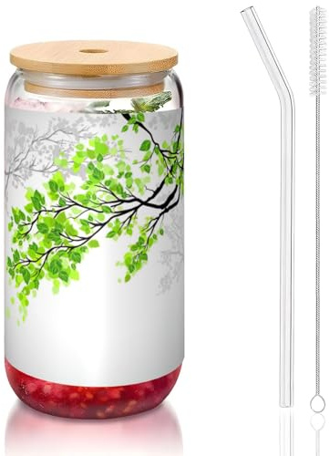 MDATT Verres à eau avec couvercles et pailles, motif feuilles vertes et blanches, pour jus, bière, café, thé - 473 ml