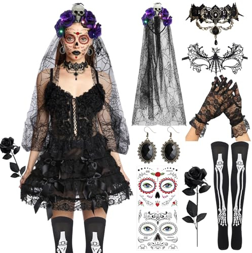 Qunkun Halloweenslöja, 9 stycken LED-slöja, damkostym accessoarer, kostym skräck för halloween karneval fest cosplay