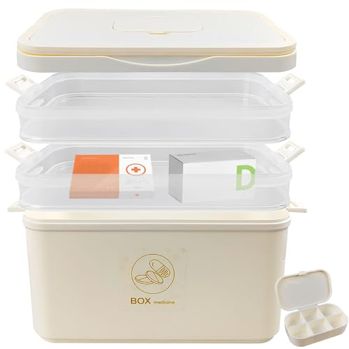 Medikamentenbox 3-fach Cremeweiß - Große Tablettenbox mit Trennwänden für Zuhause, Reiseapotheke & Bad - Leicht & Stapelbar aus Karton (27x23x16cm)