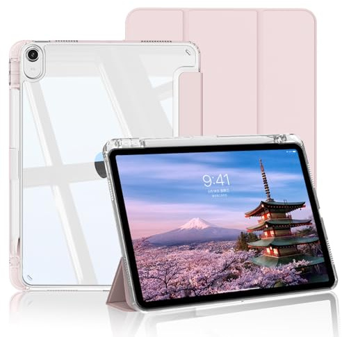 BQDIYOO Coque pour iPad (A16) 11ème Génération 11 (2025)/iPad 10ème Génération 10,9 (2022), avec Porte Pencil, Coque Rigide Transparente à l'arrière, Réveil/Sommeil Auto, Rose