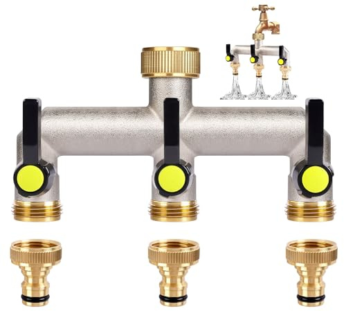 ilauke 3 Way Tap Splitter 3/4 Inch Brass Garden Multi-Functional Hose Connector, Water Distributor with Extended Handle 48mm and 3/4 to 1/2 Tap Connector Adapter for Outdoor Garden Lawn Kitchen