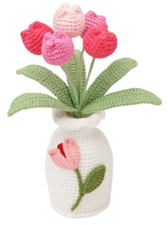 Magicherry Tulipani all'uncinetto, piante in vaso, 22 cm, fiori artificiali fatti a mano, per compleanno, matrimonio, decorazione per la casa, colore rosa sfumato