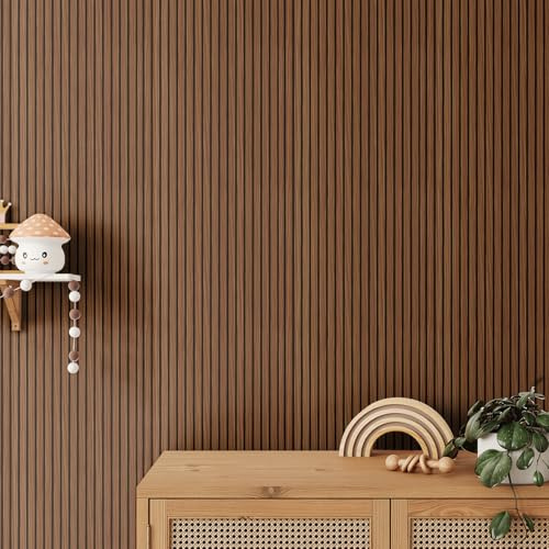 Tokenhigh Wood Slat Wallpaper, 40x300cm Self Adhesive Stripe Wall Panel, Wooden Effect Grating Wallpaper for Furniture, Removable Peel and Stick Wall Sticker for Bedroom Living Room (Brown)