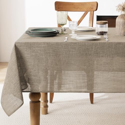 FIBORIA Brown Rectangular Table Cloth Faux Linen 140x240 cm Wipe Clean Water Resistant Table Cover Stain Resistant Washable Tablecloth for Banquet Dining Room Kitchen Garden Party, 55x94 inch