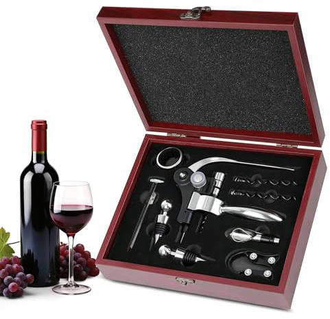 9 Pièces Tire Bouchon Set, Ouvre Bouteilles de Vin avec Coffret Cadeau | 9 pièces Tire Bouchon avec Levie-lapin,Coupe-Capsule,Verseur,Thermomètre à Vin,2 Bouchons,2 Vis Sans Fin,Anneaux Anti-Goutte