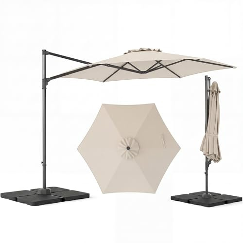 COSTWAY Parasol de Jardin Extérieur avec Pied, Base 4 Plaques, Parasol Déporté Hexagonale avec Rotation 360° Réglable, Support Métallique, Protection Solaire, pour Balcon, Patio, Terrasse (Beige)