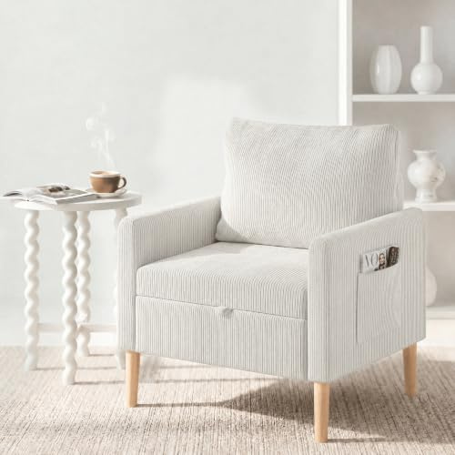 Fabulcozy,Fauteuil Velours Côtelé avec Rangement sous l'Assise, Poche Latérale et Sangle de Levage, Pieds Cylindriques en Bois de Chêne Massif, Coussin Inclus, pour Salon, Chambre,Blanc