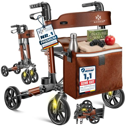 KESSER Leichtgewicht Rollator faltbar mit Sitz, Griff, Tasche, schmal für Senioren Wohnung, Klappbar, Höhenverstellbar, Reflektoren | All Gelände Reifen Indoor-& Outdoor, Gehhilfe, Laufhilfe, Braun