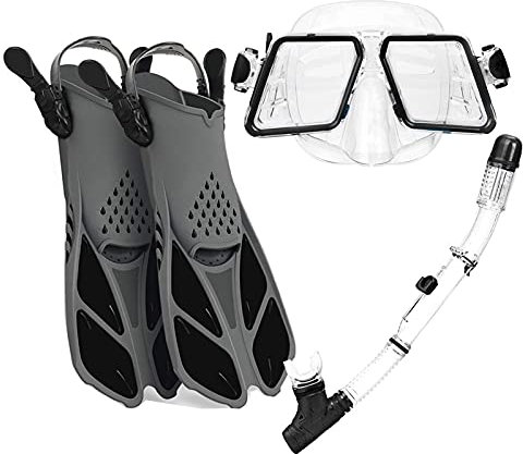 HGYJ Schnorchelpakete für Erwachsene, zusammenklappbarer vollständig trockener Schnorchel mit großer Verdrängung + HD-Silikon-Tauchmaske + verstellbare Flossen Dreiteiliger Anzug,Black,ML/XL