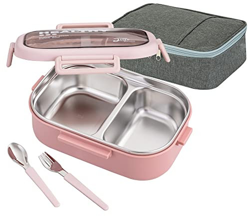 Lille Home 850ML en acier inoxydable Fuite à 2 compartiments Bento Boîte à lunch/Portion Control Continer Food avec sac à lunch et couverts, BPA gratuit (Rose)