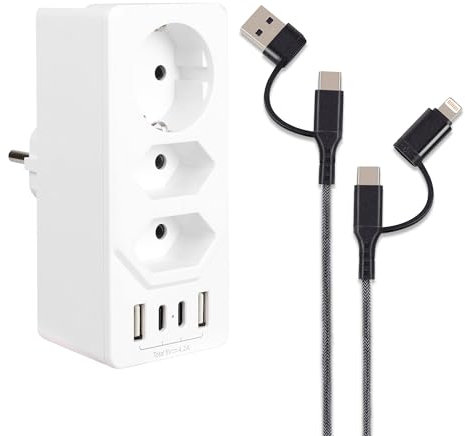 ZOVCAL Triple Plug per Presa, Presa Multipla USB C, Adattatore per Presa, 3 vie con 4 USB, 2 USB A, 2 USB C, Spine di Alimentazione, Spina Multipla per Presa e Adattatore USB C