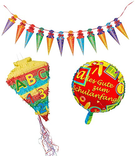 Idena 90125 - 1 Pinata Schultüte, 1 Girlande, 1 Folienballon Schulanfang, Einschulung, Schulstart, Dekoration, Geschenk