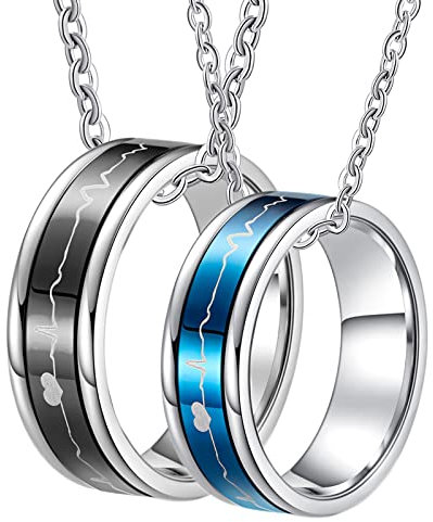 BCughia Partnerketten mit Gravur, Halsketten Ring für Anhänger Zweifarbig Kette Personalisiert mm Großer Herzschlagring, Drehbar Halskette für Ehemann