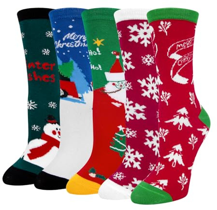 5 Paires de Chaussettes en Coton Femmes - Motifs de Bonhomme de Neige,Père Noël et renne - Thermiques D'hiver Confortables - Cadeaux de Dames - Taille Unique - Noël 2