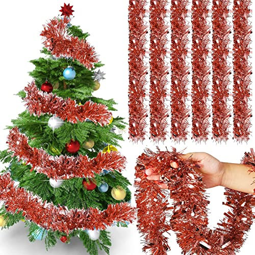 Ywwltt Guirlande de Noel Sapin, 6pcs Guirlandes Tinsel Noël, 12m Noël Guirlandes Tinsel, Guirlande Tinsel Métallique, Noël Guirlande de Sapin, Brillant Guirlandes Décoration, Guirlande Noel (Rouge)