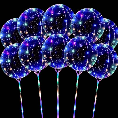 Hokoad 10 Pack LED Balloons with Sticks, 15Pcs 20 Inch Clear Bobo Balloons Light Up Helium Glow Bubble Balloon Lights for Party Supplies Valentines Decor (Colorful)
