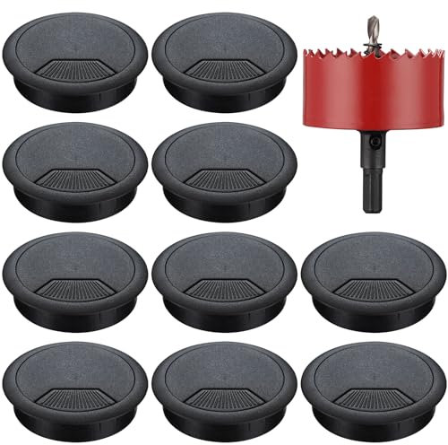Desk Grommet 60mm, 10 PCS Desk Cable Grommet with Hole Saw, Round Plastic Desk Cord Wire Hole Cover for Home and Office, Black
