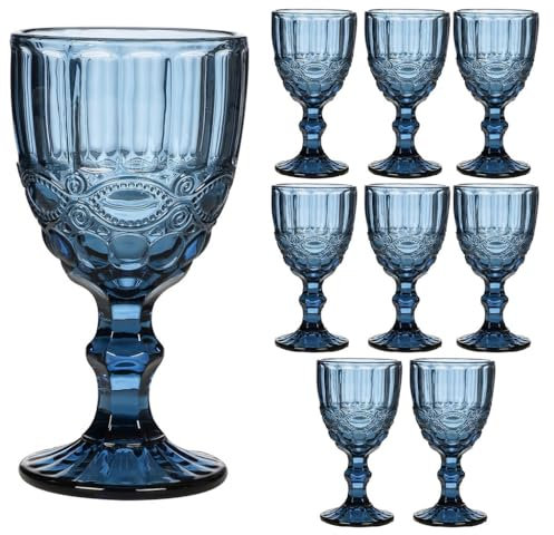 Dibor Wine Glasses Set of 8 Embossed Vintage Style Baroque Wine Goblet Glassware Set Dishwasher Safe Wine Glass Set Colourful Footed Chalice Tumblers (Blue)