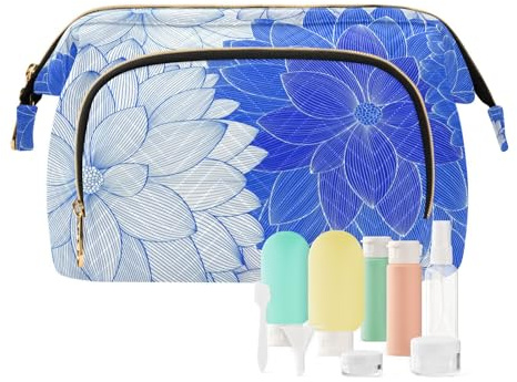 FRODOTGV Sacs de maquillage, Dahlia bleu, grande capacité, sac à cosmétiques de voyage, fermeture éclair, porte-monnaie pour femmes, voyage, Dahlia bleu, 1 Size