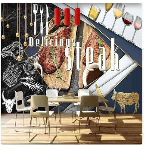 3D-Foto, westliches Essen, leckeres Steak, schwarzer Marmor, Fototapete, Tapete, Restaurant, Esszimmer, Bar, Sofa, Hintergrund, Wanddekoration * 150 cm x 105 cm (59,1 x 41,3 Zoll)