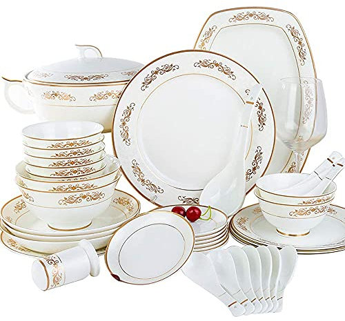 50 Pieces Bone China Dinnerware Set, Kitchen White Porcelain Round Plates Dishes Bowls Chip Resistant Scratch Resistant Service for 10