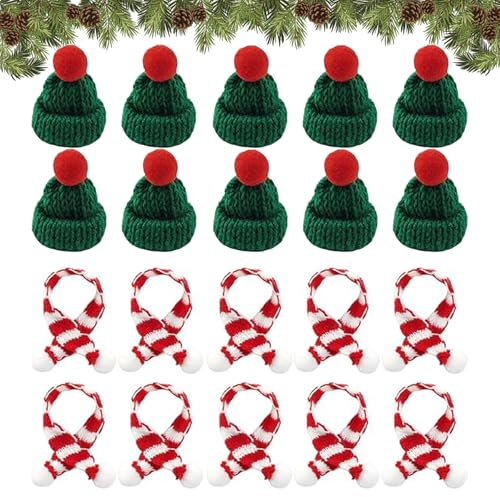 Auzlya 20 Stück Mini Weihnachtsmütze und Schal Set,Mini Weihnachtsmütze | Kleine Weihnachtsmützen,Weihnachten Weinflasche Abdeckung,Weihnachtsfeiern und Puppenhaus Dekoration