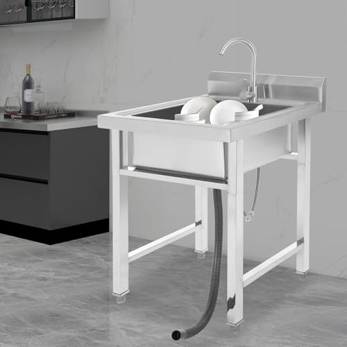 Mermajestic Freistehende Edelstahl Spültisch 1 Becken, 60 x 60 x 93cm Gewerbliche Spülbecken mit 360° Drehbarer Wasserhahn, Küchenspüle, Wabenförmiger Sprudler, für Außen, Innen, Küche, Restaurant