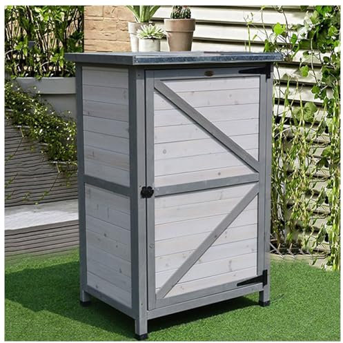 Armadietto portaoggetti da esterno resistente alle intemperie con ante e ripiani in legno, per postazione di lavoro da giardino e garage