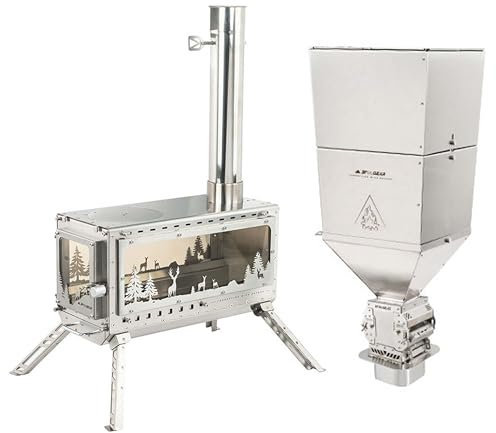 3F UL GEAR 2.0 Hot Tent Stove Wood Burning Stove with Pellet Fuel Silo, Pellet Stove, Camping Stove with 7 Stainless Chimney Pipes, Camping Heaters for Tents, for Outdoor Cooking Hunting